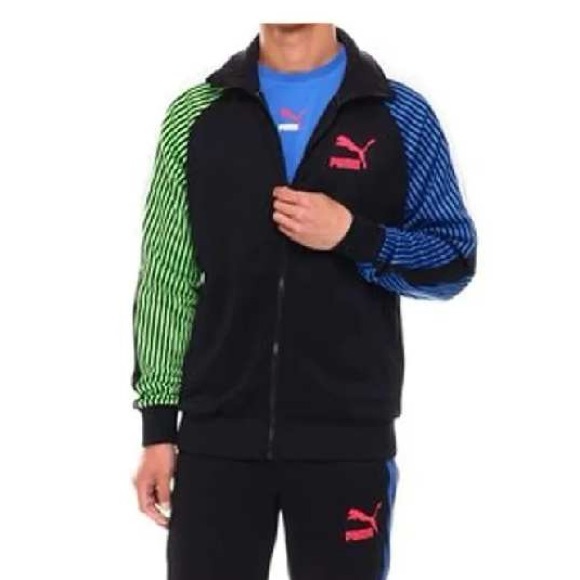 Puma Long Raglan Sleeve Front Zip Closure Track Jacket w/Bright Striped Sleeves - Picture 2 of 11